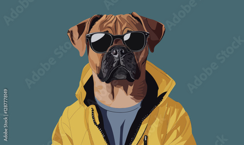 Stylish Boxer Dog in Yellow Jacket and Sunglasses - Minimalist Vector Illustration