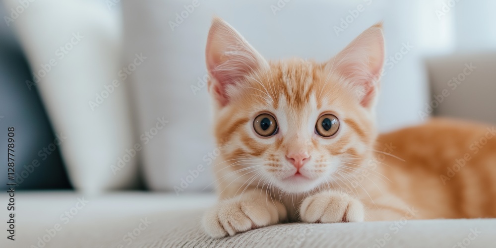 A cute orange kitten is laying on a couch. The kitten has a curious look on its face and is looking at the camera A cute orange kitten is laying on a couch. The kitten has a curious look on its face and is looking at the camera