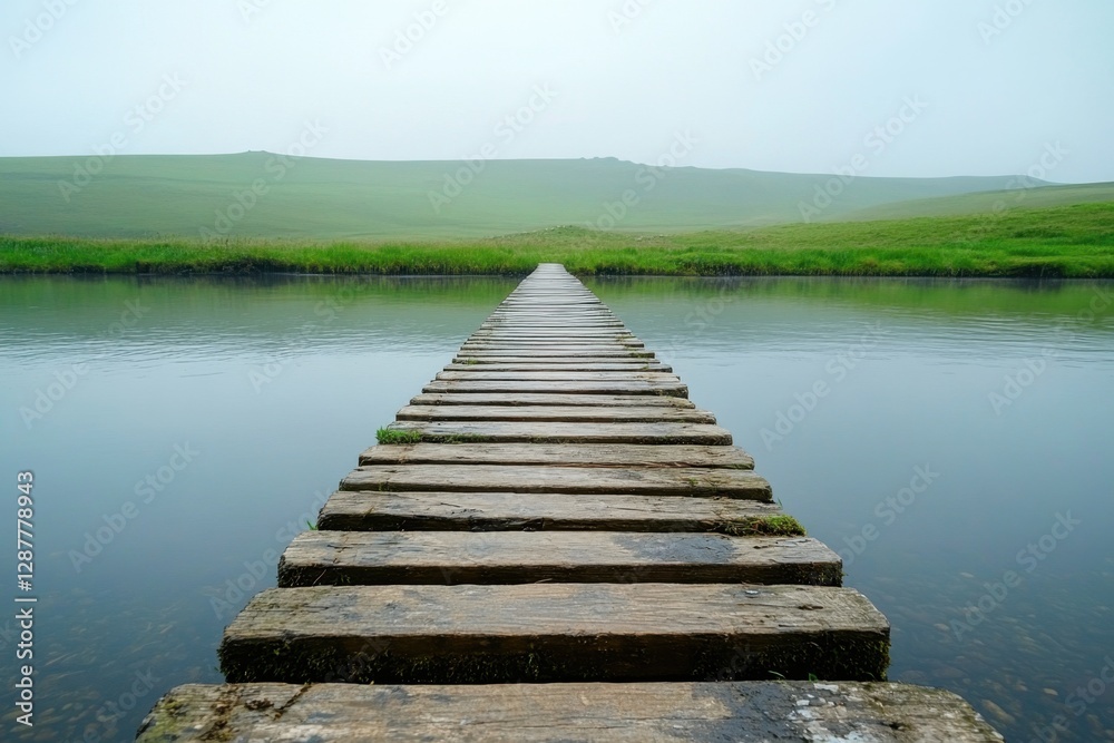 Obraz premium Serene wooden walkway over tranquil water leading to misty green hills under a soft overcast sky offering a peaceful escape
