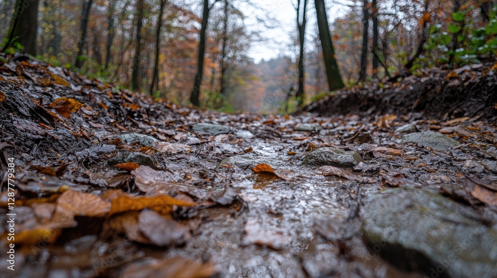 Autumn Forest Path, Water Flowing, Nature, Calm, Tranquil Autumn Forest Path, Water Flowing, Nature, Calm, Tranquil