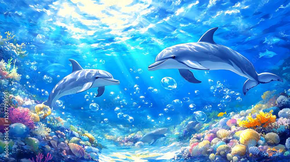 Fototapeta premium Two Dolphins Swim Gracefully Underwater Near Colorful Coral Reefs with Sunlight Rays