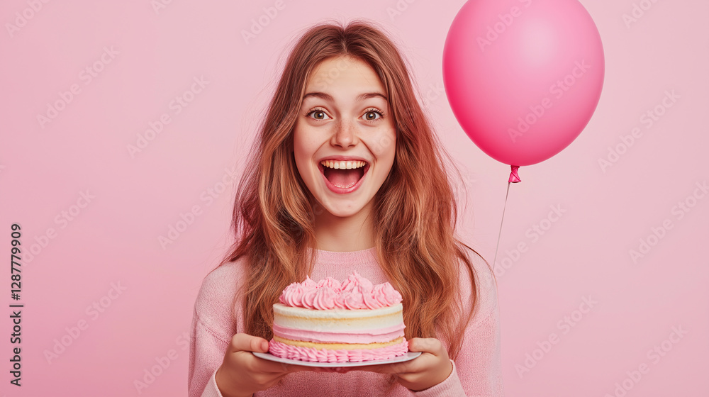 Excited Young Woman Holding Pink Birthday Cake with Balloon