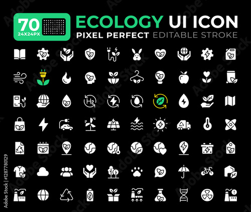 Ecology and nature glyph ui iconset isolated on black. Researching living organisms in environment. Nature care strategy. Vector solid symbols dark mode. User interface elements pack, pixel perfect