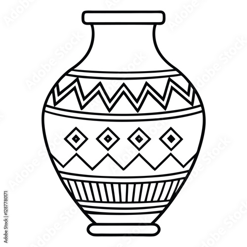 A black and white line art drawing of a traditional decorative vase with geometric patterns 