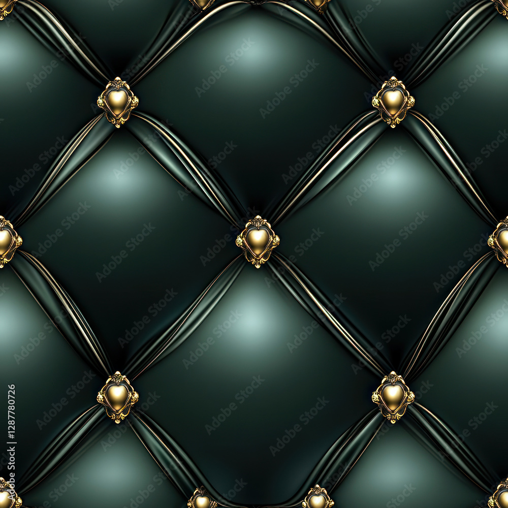 Naklejka premium Emerald upholstery with gold buttons forming a diamond pattern background for luxury, elegant appearance