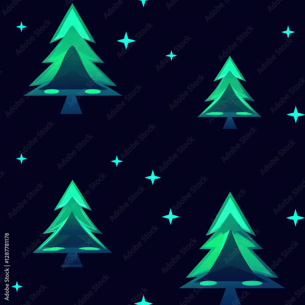 Obraz premium Evergreen trees against starry night, pattern style design, seamless background