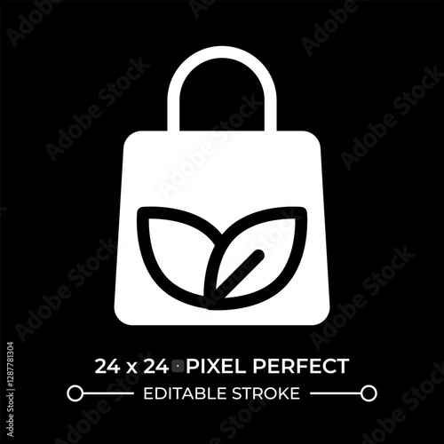 Eco bag glyph ui icon isolated on black. Tote shopper with leaves print. Environmental friendly fashion. Minimalist accessory. Vector solid symbol dark mode. User interface element, pixel perfect