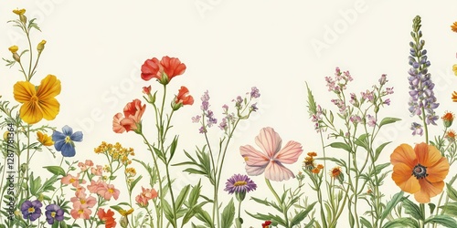 A vintage botanical illustration of various flower species