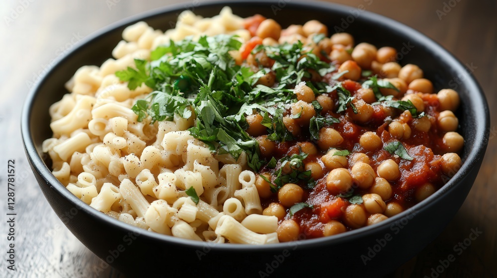 Egyptian koshari, a hearty dish with rice, lentils, pasta, chickpeas, and a spiced tomato sauce. Egyptian koshari, a hearty dish with rice, lentils, pasta, chickpeas, and a spiced tomato sauce.