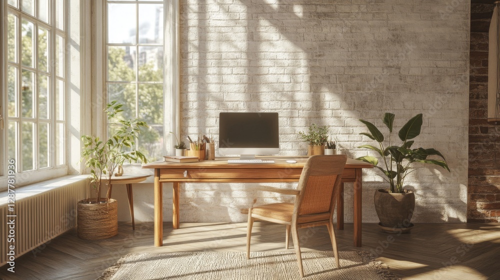 Fototapeta premium Bright Sunlit Home Office with Wooden Desk and Plants