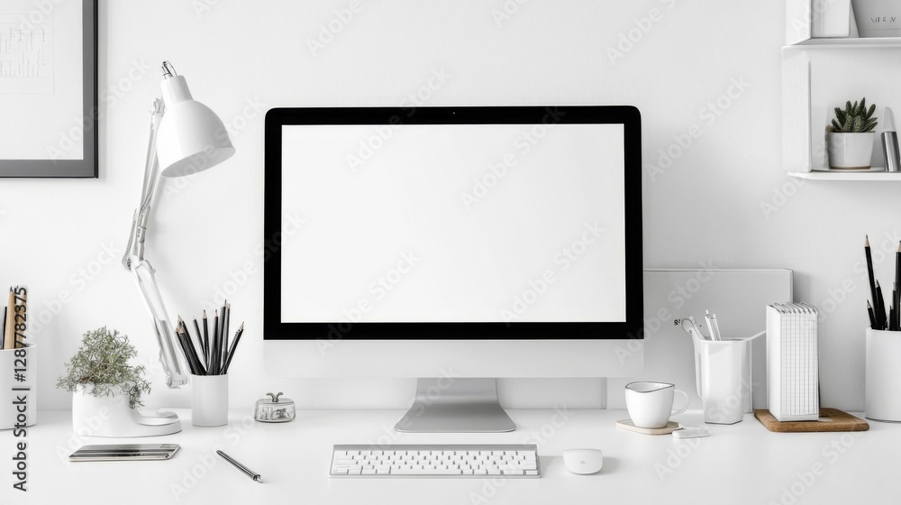Fototapeta premium Clean Minimalist White Desk Workspace with Computer
