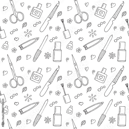 Manicure accessories seamless pattern, hand drawing, vector illustration, doodles