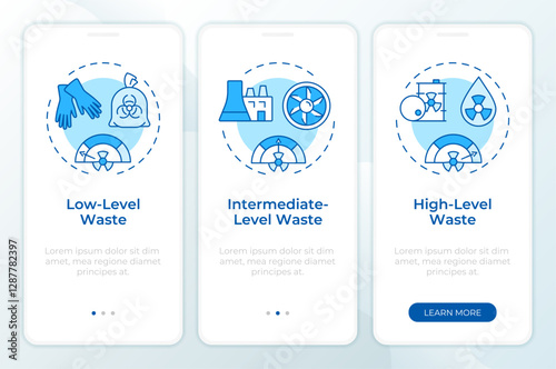 Types of nuclear waste blue onboarding mobile app screen. Walkthrough 3 steps editable graphic instructions with linear concepts. UI, UX, GUI template. Montserrat SemiBold, Regular fonts used