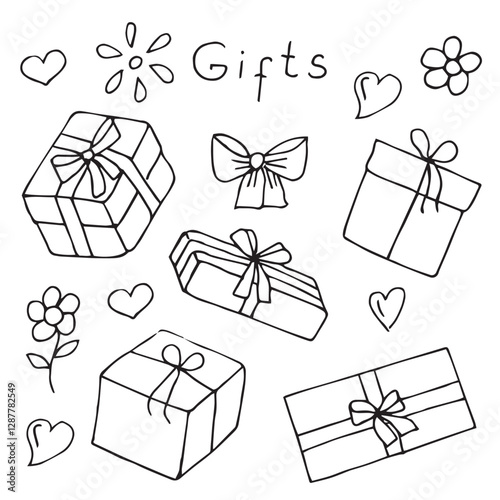 Gift boxes with ribbons set, hand drawing, vector illustration, doodles