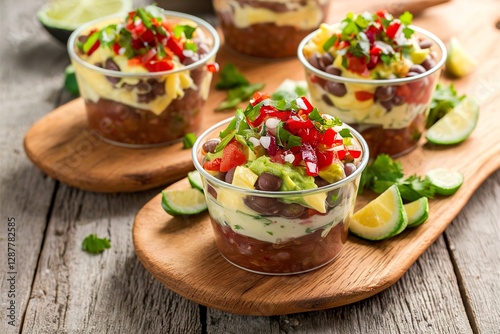 Seven layer dip in individual cups, mexican appetizer with refried beans, salsa, guacamole