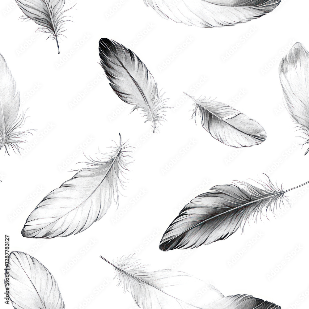 Feathers floating in air on a plain background create seamless elegant pattern for background designs Feathers floating in air on a plain background create seamless elegant pattern for background designs