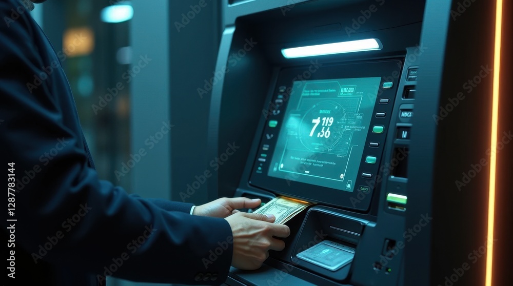 High-Tech ATM Dispensing Glowing Digital Currency High-Tech ATM Dispensing Glowing Digital Currency