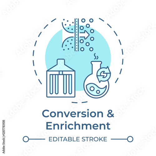 Conversion and enrichment soft blue concept icon. Yellowcake to uranium hexafluoride. Nuclear fuel cycle. Round shape line illustration. Abstract idea. Graphic design. Easy to use in booklet