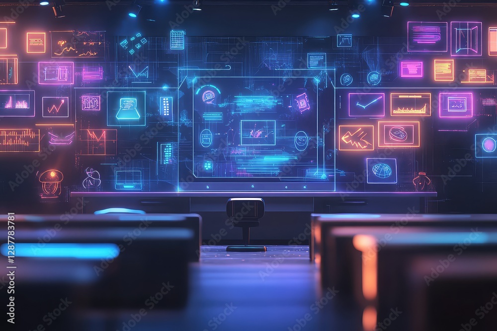 Fototapeta premium A futuristic digital classroom with an AI-powered learning interface, floating educational icons, and personalized courses.