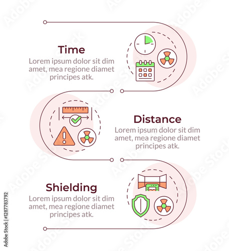 Principles of radiation exposure infographic vertical sequence. Nuclear waste safe conservation. Visualization infochart with 3 steps. Circles workflow. Montserrat SemiBold, Lato Regular fonts used