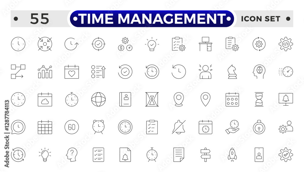 Time management icon set. Timer, alarm, schedule, hourglass, clock icons. Outline time and clock icon collection. Time management icon set. Timer, alarm, schedule, hourglass, clock icons. Outline time and clock icon collection.