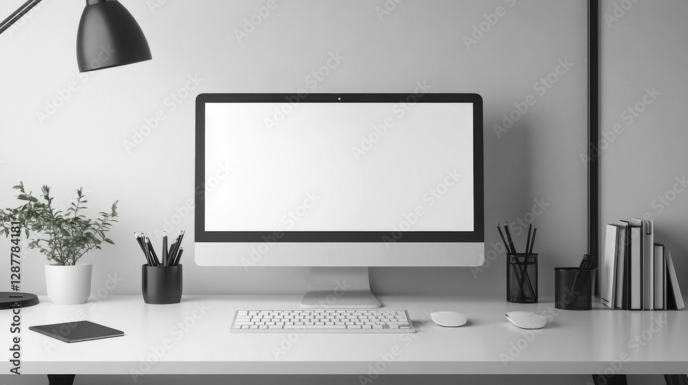 Fototapeta premium Modern Minimalist White Workspace With Computer