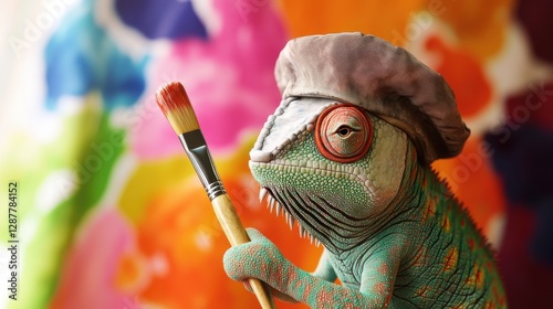 Chameleon artist in a beret holding a paintbrush against a colorful backdrop