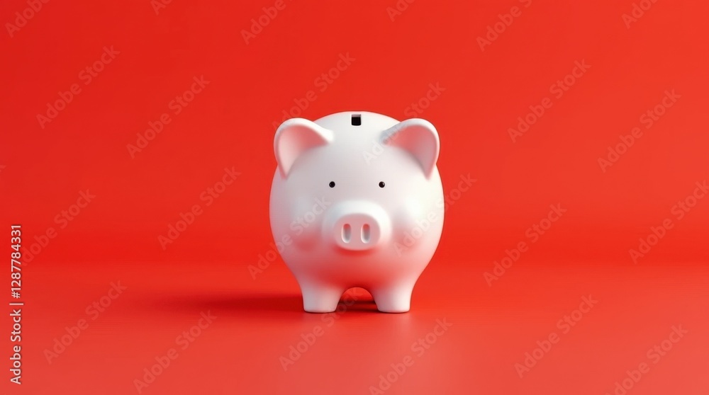 Minimalist White Piggy Bank on Red Background Minimalist White Piggy Bank on Red Background