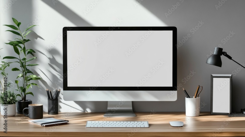 Modern Minimalist Workspace with Blank Computer Screen Modern Minimalist Workspace with Blank Computer Screen