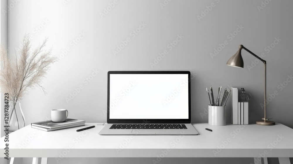 White Minimalist Home Office Workspace with Laptop White Minimalist Home Office Workspace with Laptop
