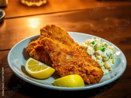 Fried Fish with Potato Salad and Lemon