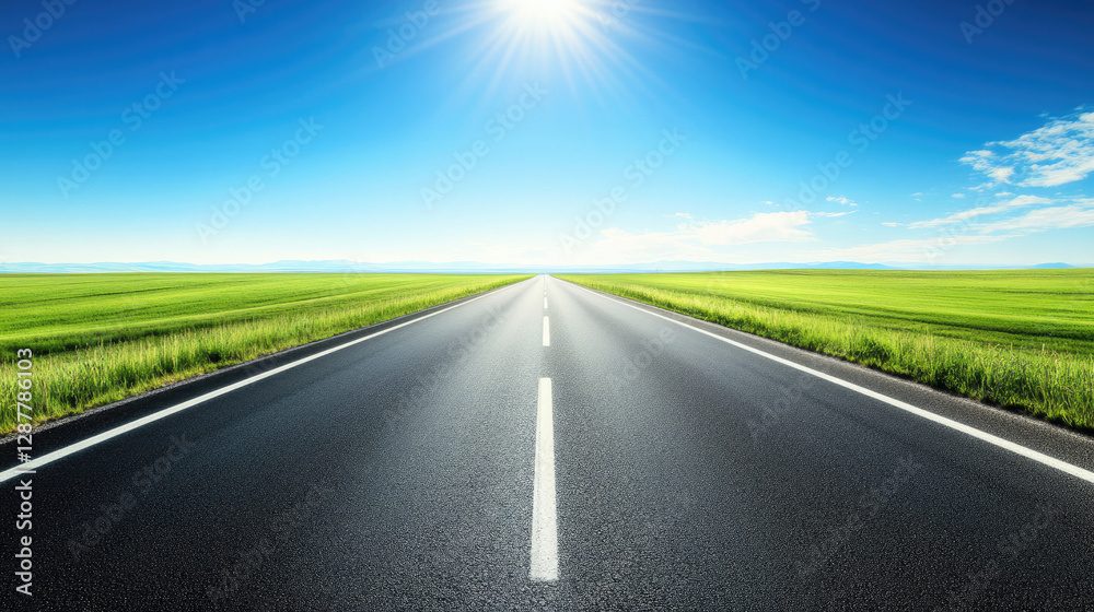 Wide road into distance, flanked by green fields and blue sky. High-definition, horizontal composition. Serene beauty. Wide road into distance, flanked by green fields and blue sky. High-definition, horizontal composition. Serene beauty.