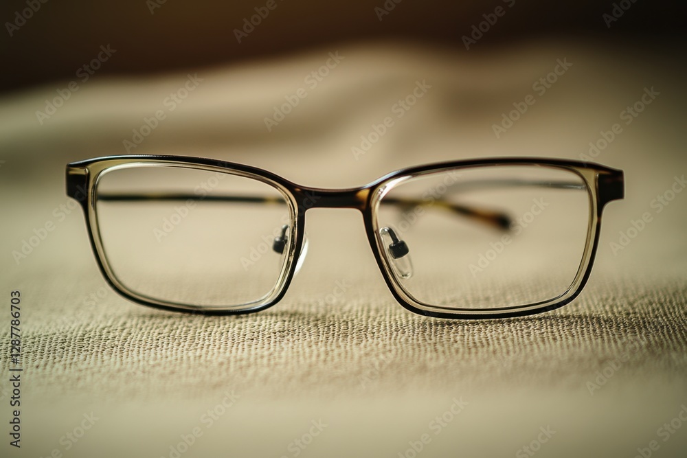 Eyeglasses resting on a textured surface with blurred background light Eyeglasses resting on a textured surface with blurred background light