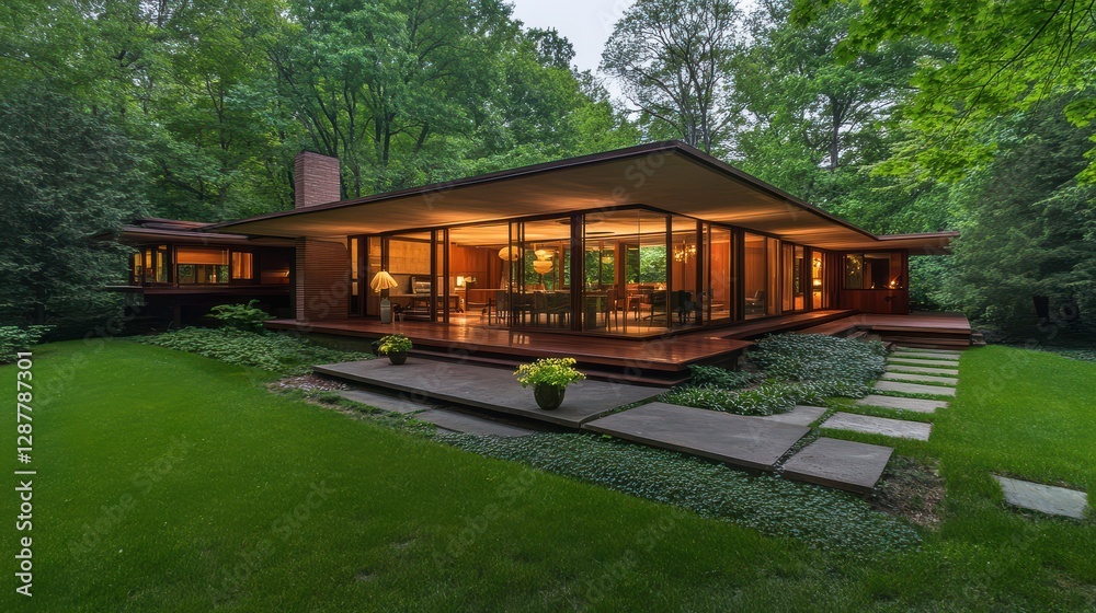 A spacious home with an open-plan design, nestled at the edge of a peaceful forest, allowing nature to flow through the house. A spacious home with an open-plan design, nestled at the edge of a peaceful forest, allowing nature to flow through the house.
