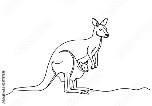 Elegant line art kangaroo protects young joey. AI Generated