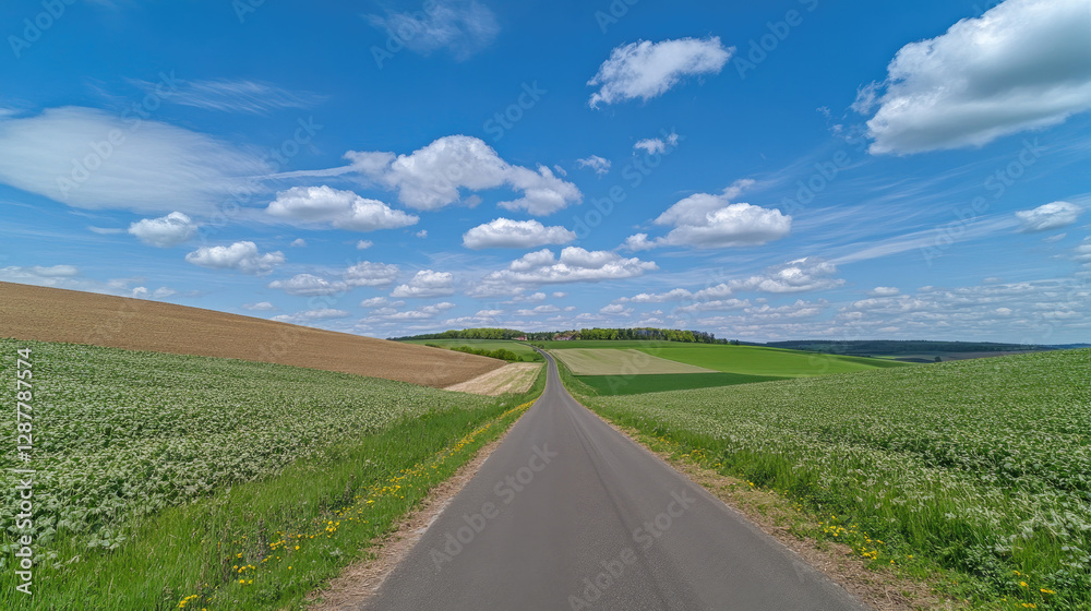 Wide road into distance, flanked by green fields and blue sky. High-definition, horizontal composition. Serene beauty. Wide road into distance, flanked by green fields and blue sky. High-definition, horizontal composition. Serene beauty.