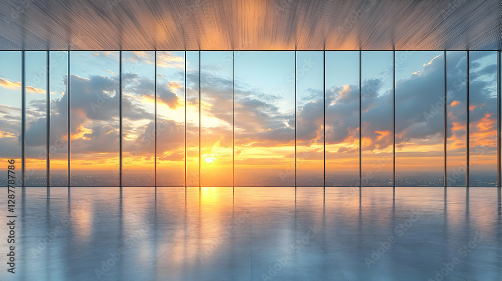 Fototapeta premium Panoramic Sunset View From Modern Skyscraper Interior