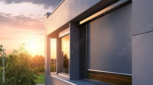 External roller blinds installed on modern windows, providing enhanced sun protection for house exteriors