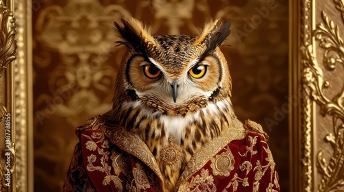 Majestic Owl in Victorian Coat with Golden Embellishments