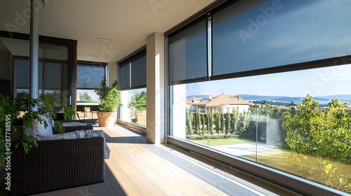 Outdoor external roller blinds installed on panoramic windows, offering fabric-based sun protection for home exteriors