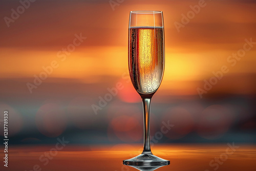 A champagne glass on a clean white surface. The glass is simple and elegant, highlighting the sparkle and sophistication of the champagne inside, food and drink concept.