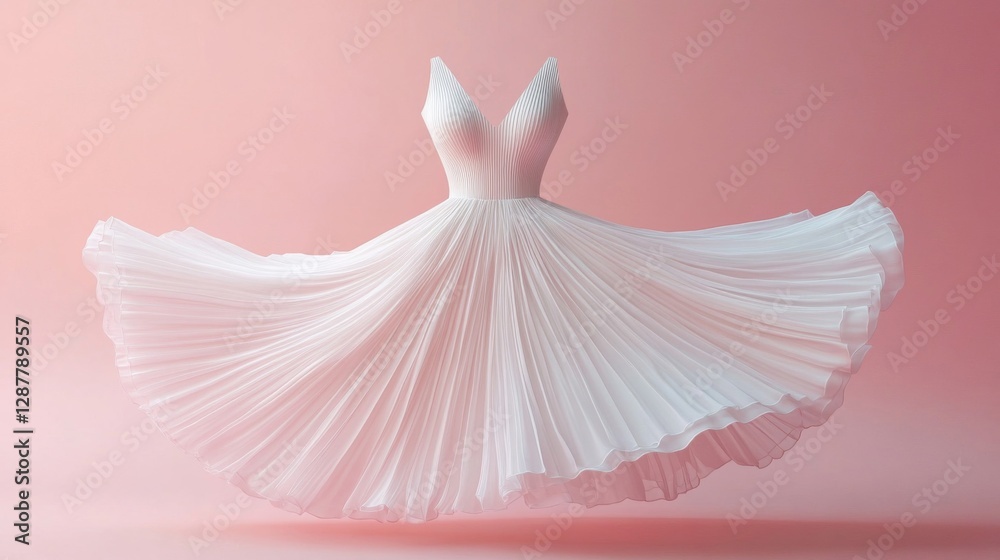 White Pleated Dress on Pink Background White Pleated Dress on Pink Background