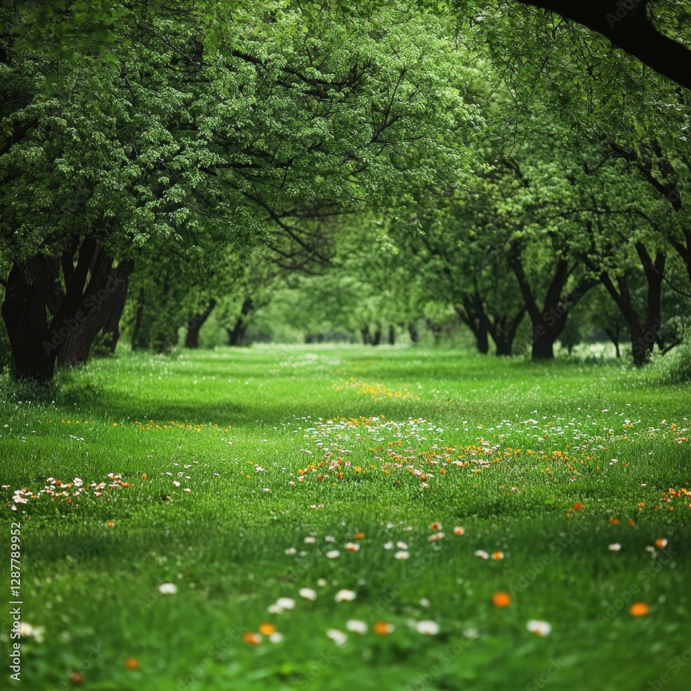 Obraz premium Serene Meadow Vista with Lush Green Trees and Vibrant Wildflowers in a Tranquil Natural Setting, Capturing the Essence of Springtime with a Soft, Dreamy Atmosphere