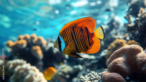 A colorful butterflyfish swimming gracefully in the clear blue waters of an underwater coral reef, showcasing its vibrant orange and black stripes  photo