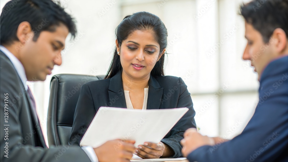 Indian Businesswoman Reviewing Reports with Team
Indian Businesswoman Reviewing Reports with Team