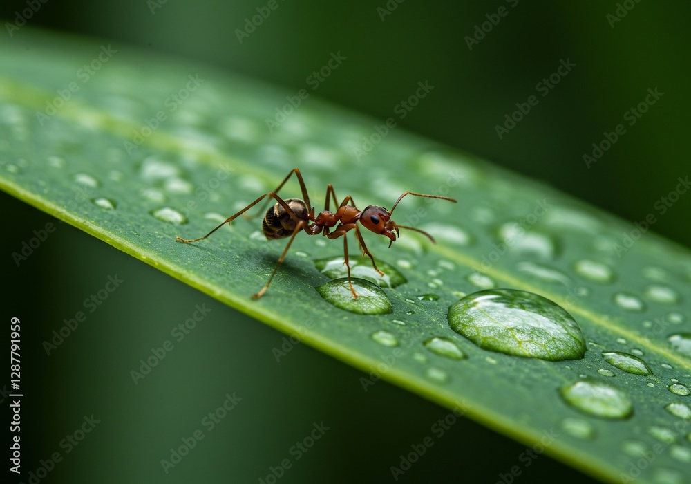 Red Ant Walks Dew-Covered Leaf Closeup. AI Generated Red Ant Walks Dew-Covered Leaf Closeup. AI Generated