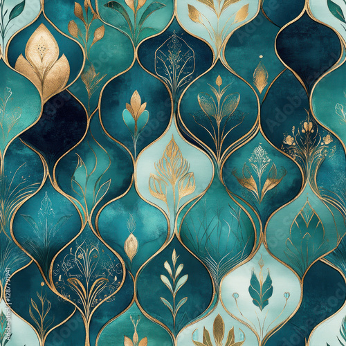 Floral pattern with gold accents over abstract teal and blue background