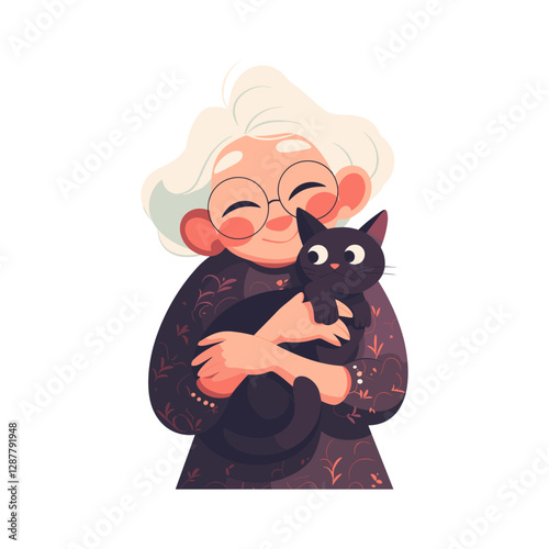 Warm heart, friendship. Portrait of old lady or woman hug his friendly cat, hugging pet. Beautiful female cartoon character embracing domestic animal. Pet love and care. Colorful vector illustration. 
