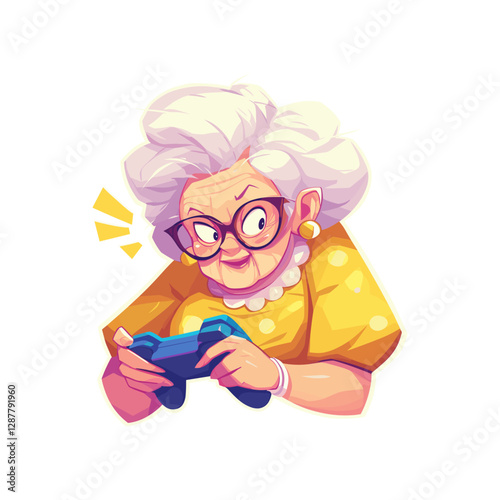 Senior gamer with joystick A old elderly woman play the computer game, grandmother Gamer, Vector illustration active aging. Trendy cool grandma. 
