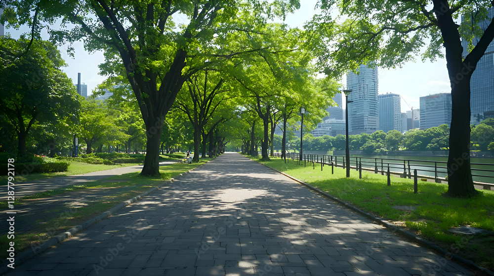 Sunlit Path Through a Green City Park Sunlit Path Through a Green City Park